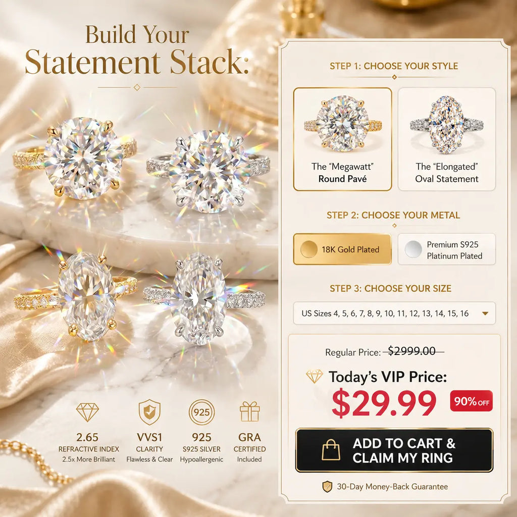 Csandiva™ The "Heiress" Flawless Moissanite Statement Ring | $15k Megawatt Brilliance, Passes Testers, Hypoallergenic (Sizes 4-15) | Last Day 90% OFF 🔥