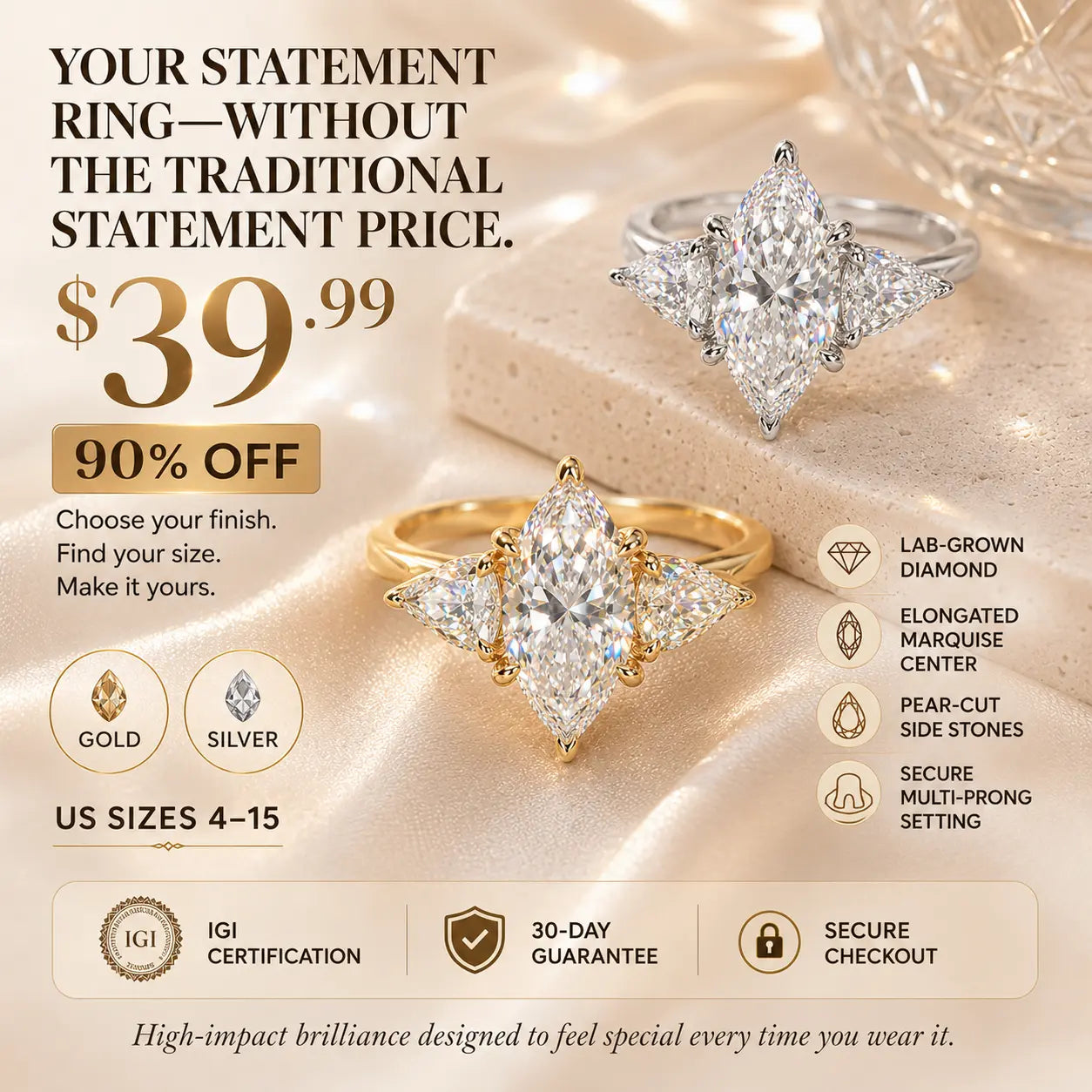 The Marquise Embrace™ Lab-Grown Diamond Three-Stone Ring – Elongated Brilliance, Flattering Elegance & Meaning for Every Chapter | Gold or Silver | Last Day Sale-90% OFF🔥