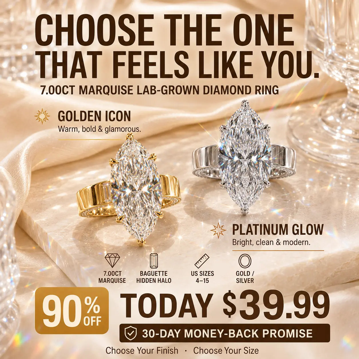 Made to Be Noticed — 7.00CT Marquise Lab-Grown Diamond Ring with Baguette Hidden Halo & Custom-Look Brilliance | Gold or Silver | Last Day Sale-90% OFF🔥