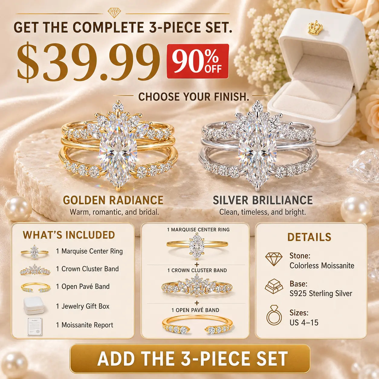 Three Rings, One Love Story — The Complete 3-Piece Marquise Moissanite Bridal Stack for the Promise, the Yes, and Forever After | Gold or Silver | Last Day Sale-90% OFF🔥