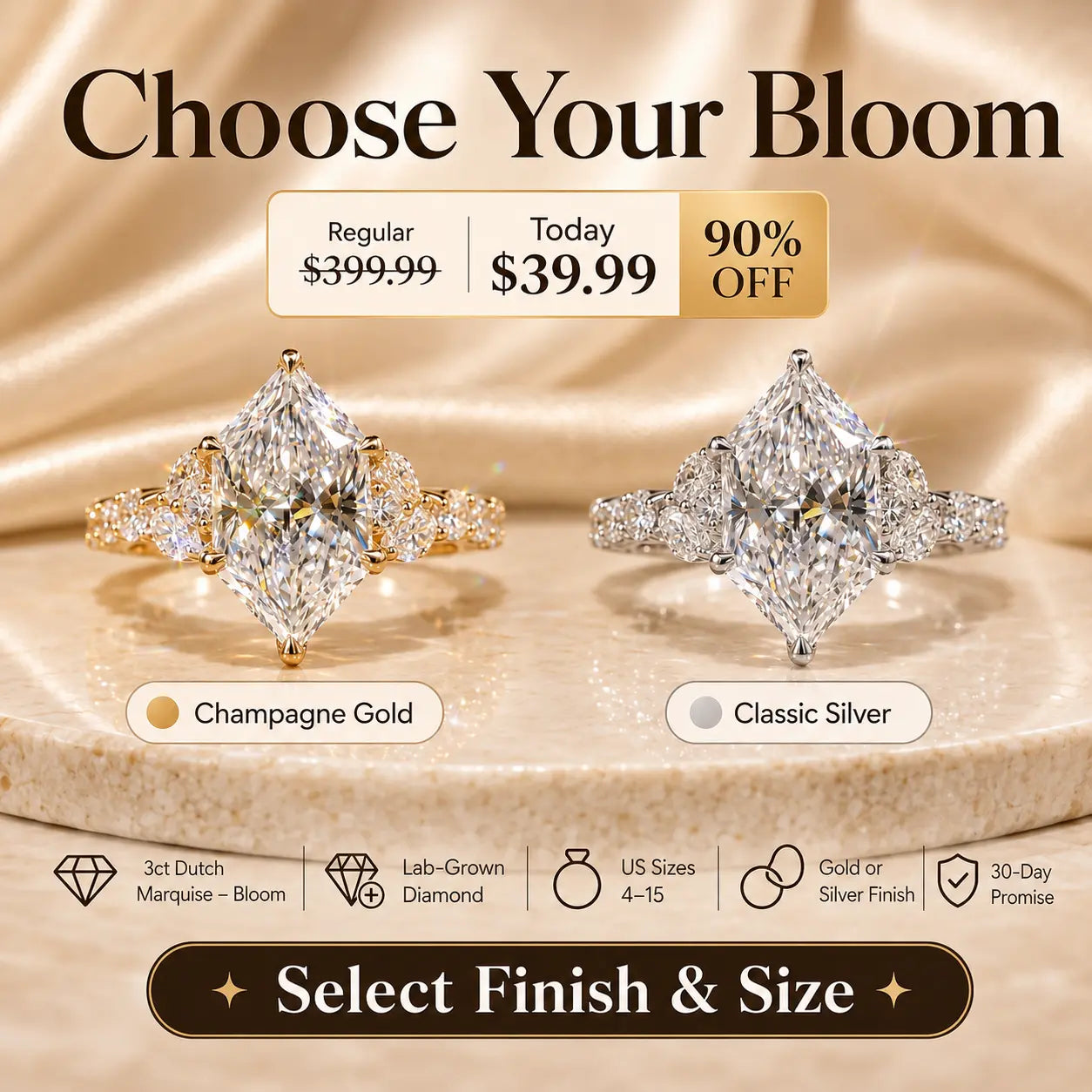 3ct Dutch Marquise Bloom Lab-Grown Diamond Ring — A Finger-Flattering Statement of Brilliant Sparkle & Custom-Look Elegance | Gold or Silver | Last Day Sale-90% OFF🔥