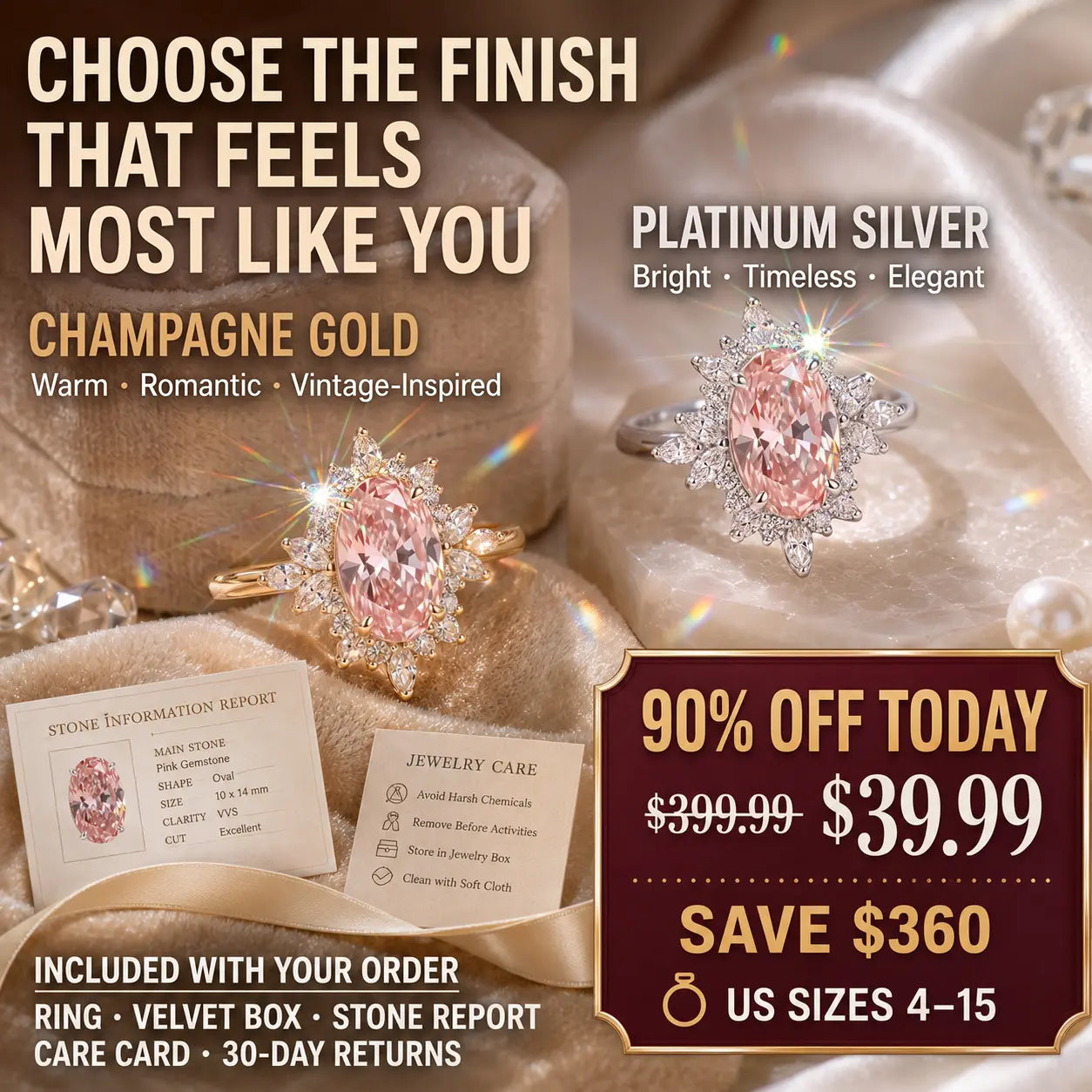 The Blush Aurora Pink Oval Moissanite Ring — A Luminous Blush Center, Flattering Oval Shape & Vintage Starburst Halo Made to Celebrate the Woman You’ve Become | Gold or Silver | Last Day Sale-90% OFF🔥