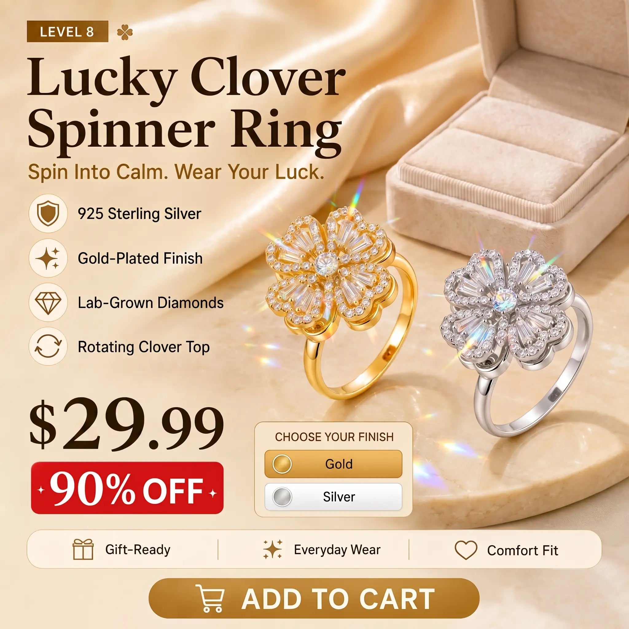 Lucky Clover Spinner Ring – Wear Your Luck, Spin Into Calm | 925 Sterling Silver & Lab-Grown Diamond Sparkle | Gold or Silver | Last Day Sale-90% OFF🔥