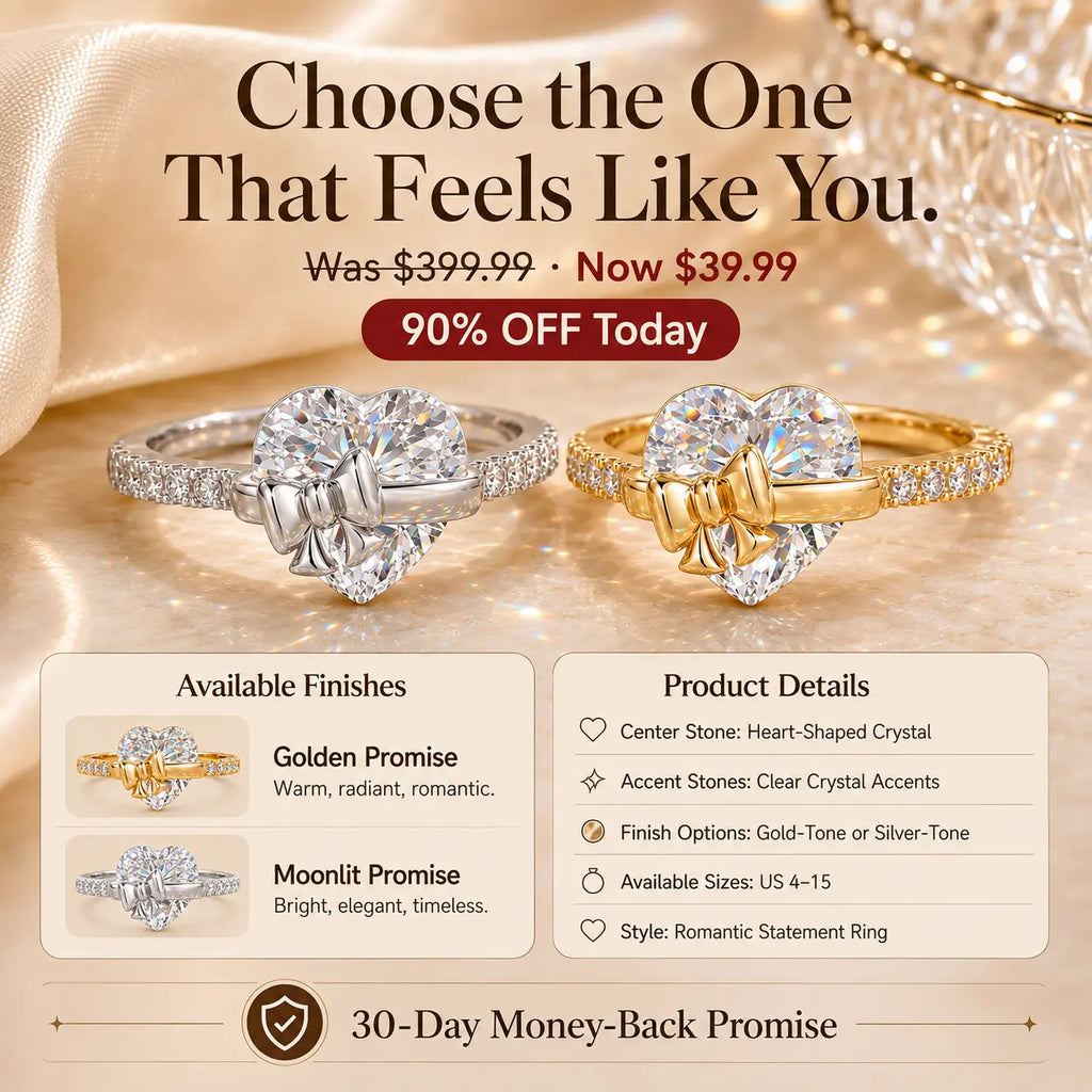 The Heart-Tied Bow Ring — A Brilliant Heart-Cut Crystal Statement Ring Made to Celebrate Love, Milestones & You | Gold or Silver | Last Day Sale-90% OFF🔥