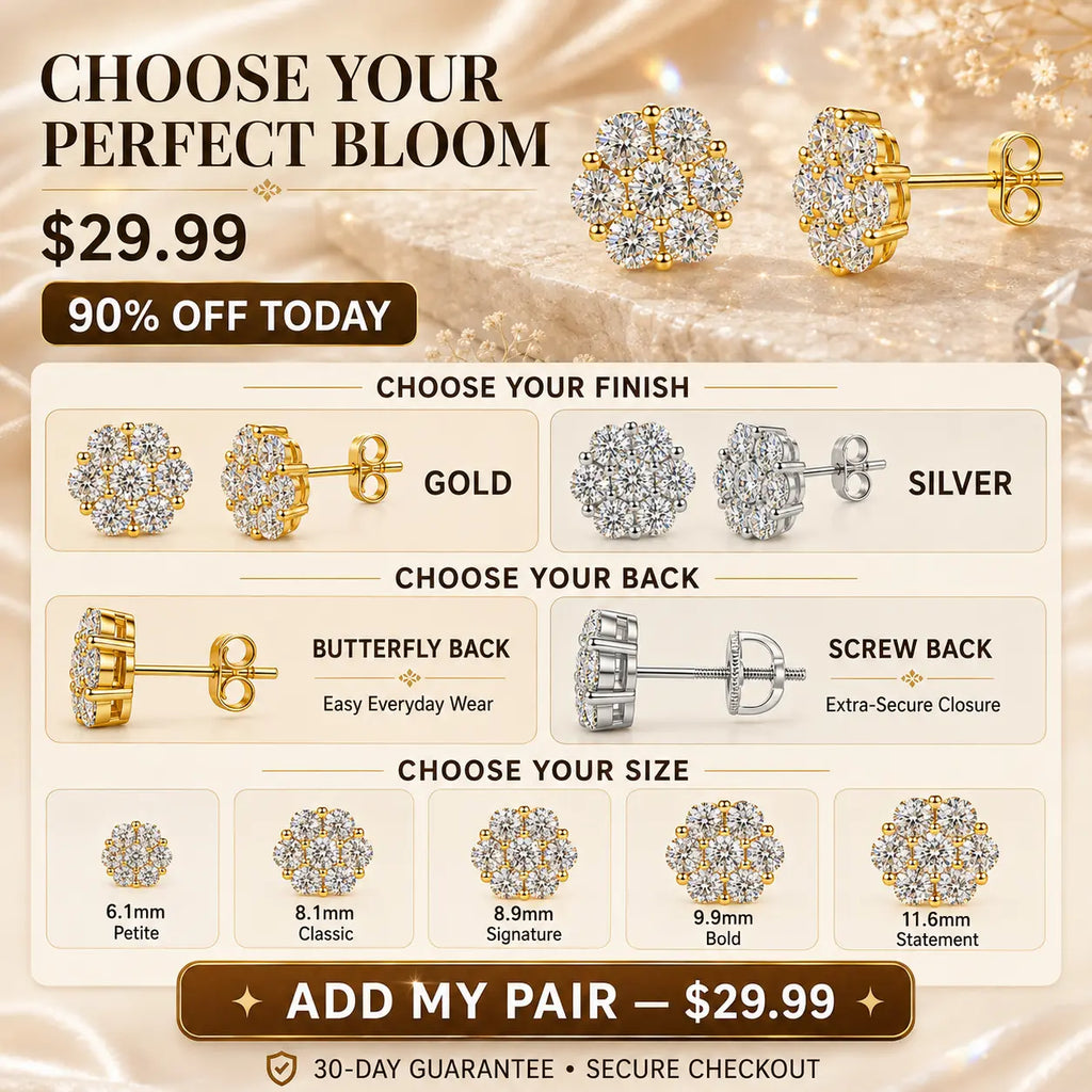 The Floral Stud Earrings That Make Every Look Shine — 7-Stone Moissanite Brilliance with Gold & Silver Finishes and Butterfly or Secure Screw Back Options | Gold or Silver | Last Day Sale-90% OFF🔥