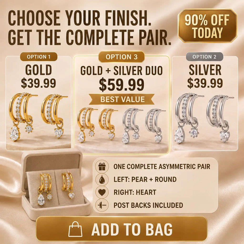 The Three Wishes™ Asymmetric Sparkle Hoop Earrings, One Piercing, A Whole Look — Asymmetric Triple-Row Sparkle Hoop Earrings with Floating Pear, Round & Heart Charms | Gold or Silver | Last Day Sale-90% OFF🔥