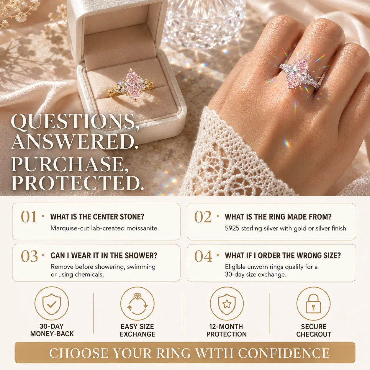 The Marquise Bloom Vintage Moissanite Ring — A Finger-Flattering Marquise Silhouette with Romantic Floral Details in Clear or Blush Pink | Last Day Sale-90% OFF🔥