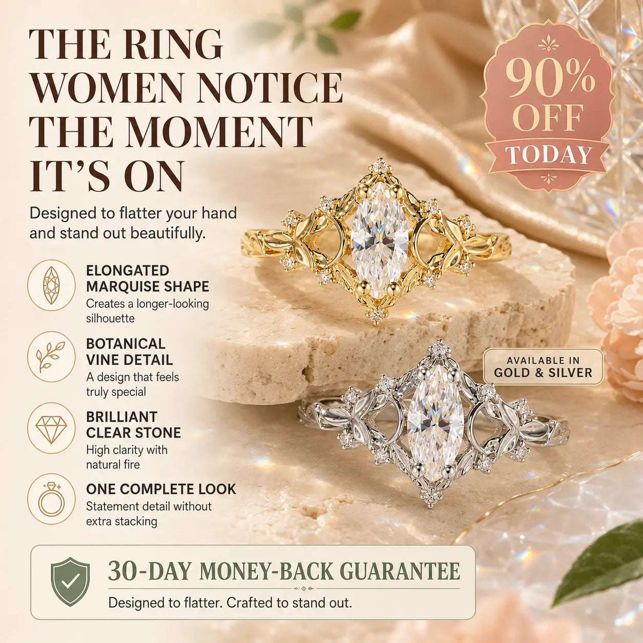 The Evergrowth™ Marquise Vine Moissanite Ring — An Elongated, Hand-Flattering Botanical Heirloom Design With Brilliant Fire in Gold or Silver | Last Day Sale-90% OFF🔥