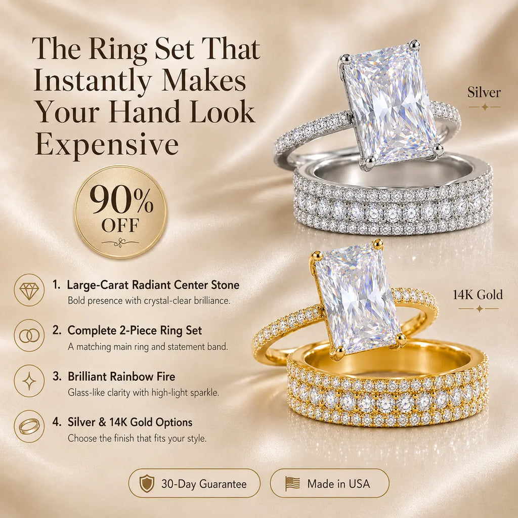 6CT Radiant Moissanite Ring Set – Large-Carat 2-Piece Stackable Ring With Matching 3-Row Band, Silver & 14K Gold Options | Last Day 90% OFF 🔥