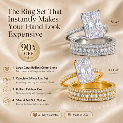 6CT Radiant Moissanite Ring Set – Large-Carat 2-Piece Stackable Ring With Matching 3-Row Band, Silver & 14K Gold Options | Last Day 90% OFF 🔥
