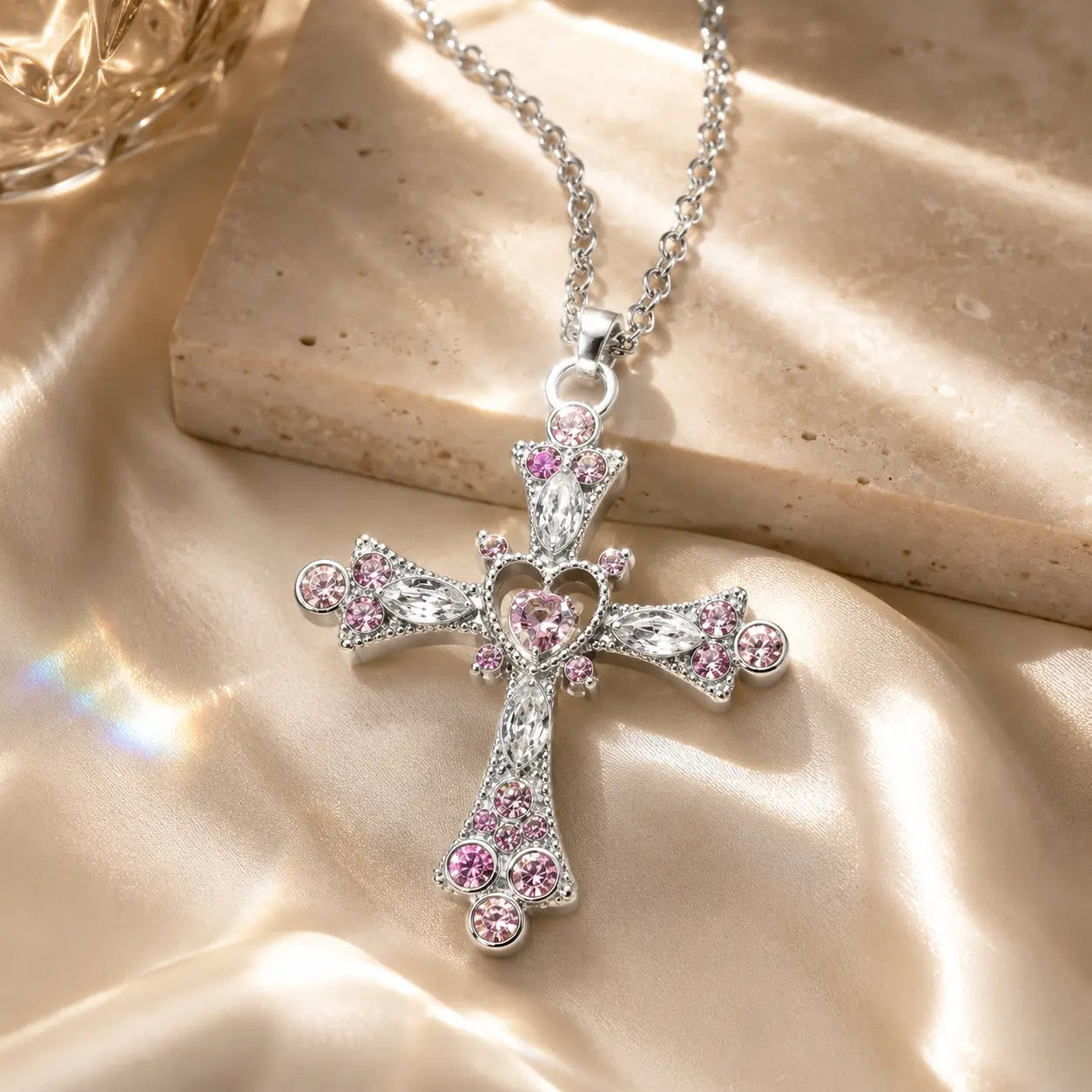 The Heart of Faith Pink Moissanite Cross Necklace — A Feminine Heart-Centered Symbol of Love, Strength & Everyday Sparkle in Gold or Silver | Last Day Sale-90% OFF🔥