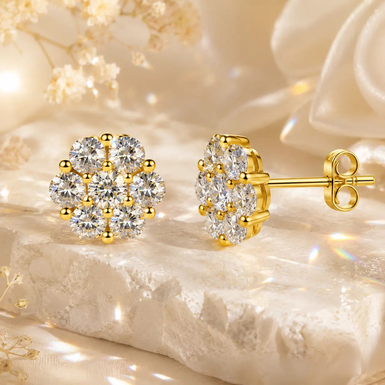 The Floral Stud Earrings That Make Every Look Shine — 7-Stone Moissanite Brilliance with Gold & Silver Finishes and Butterfly or Secure Screw Back Options | Gold or Silver | Last Day Sale-90% OFF🔥
