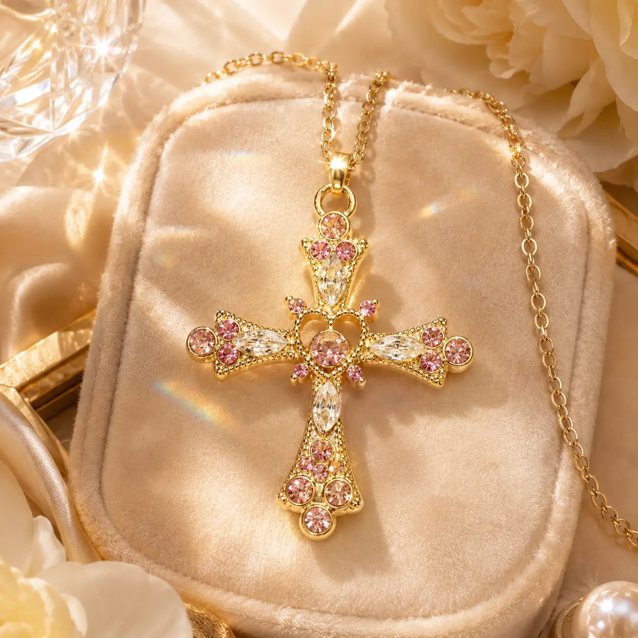 The Heart of Faith Pink Moissanite Cross Necklace — A Feminine Heart-Centered Symbol of Love, Strength & Everyday Sparkle in Gold or Silver | Last Day Sale-90% OFF🔥
