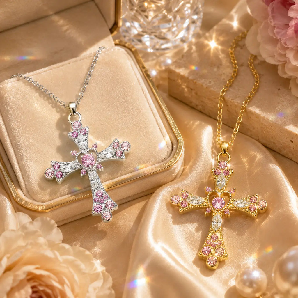 The Heart of Faith Pink Moissanite Cross Necklace — A Feminine Heart-Centered Symbol of Love, Strength & Everyday Sparkle in Gold or Silver | Last Day Sale-90% OFF🔥