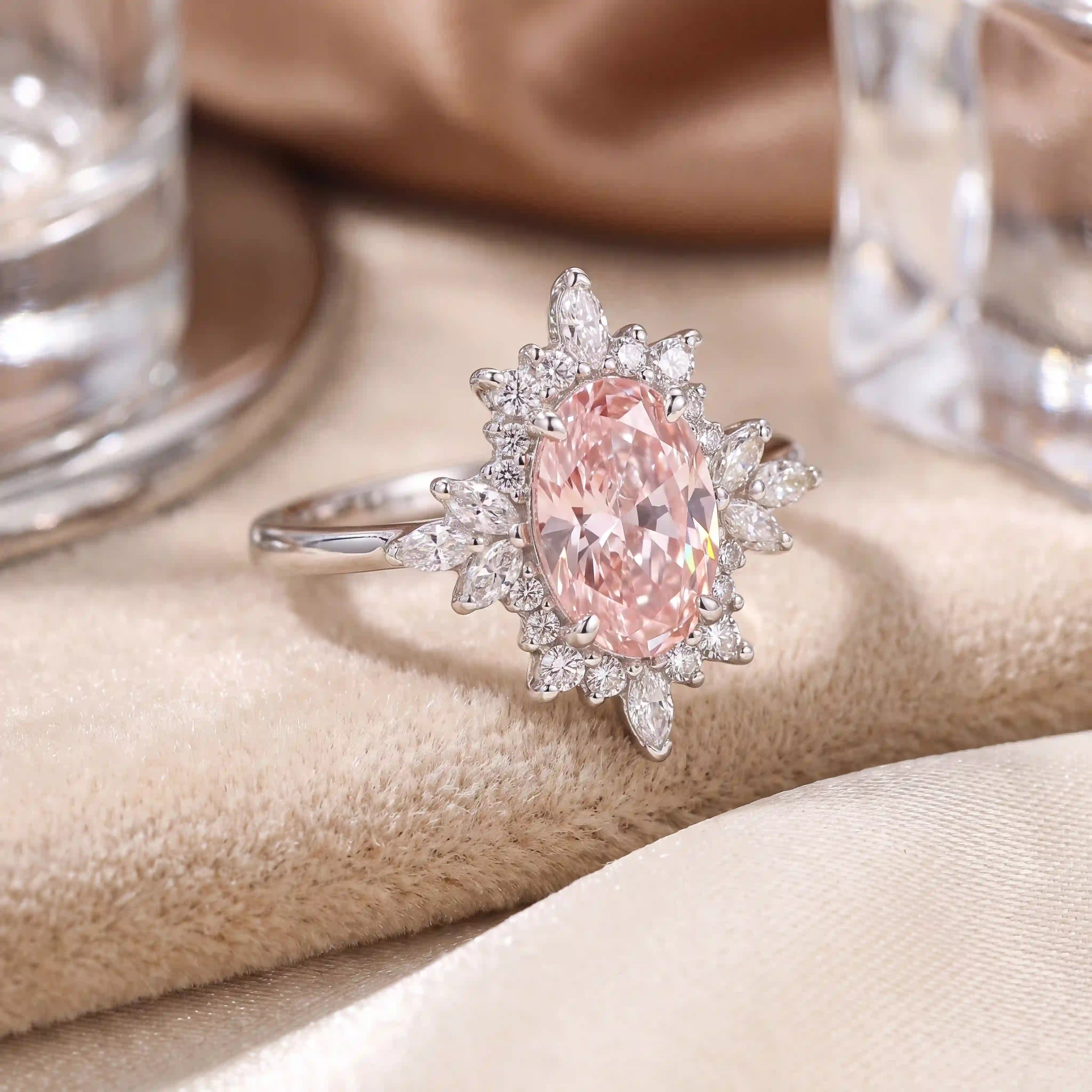 The Blush Aurora Pink Oval Moissanite Ring — A Luminous Blush Center, Flattering Oval Shape & Vintage Starburst Halo Made to Celebrate the Woman You’ve Become | Gold or Silver | Last Day Sale-90% OFF🔥