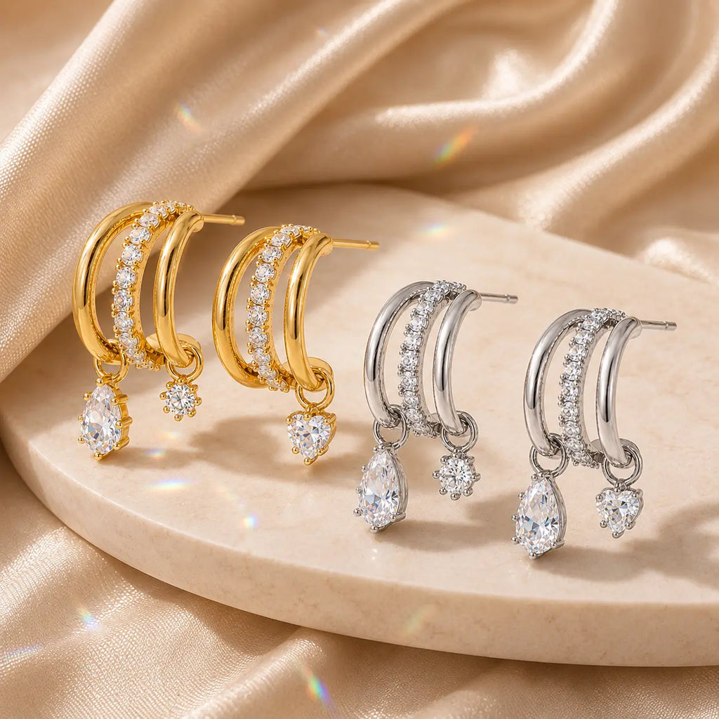 The Three Wishes™ Asymmetric Sparkle Hoop Earrings, One Piercing, A Whole Look — Asymmetric Triple-Row Sparkle Hoop Earrings with Floating Pear, Round & Heart Charms | Gold or Silver | Last Day Sale-90% OFF🔥