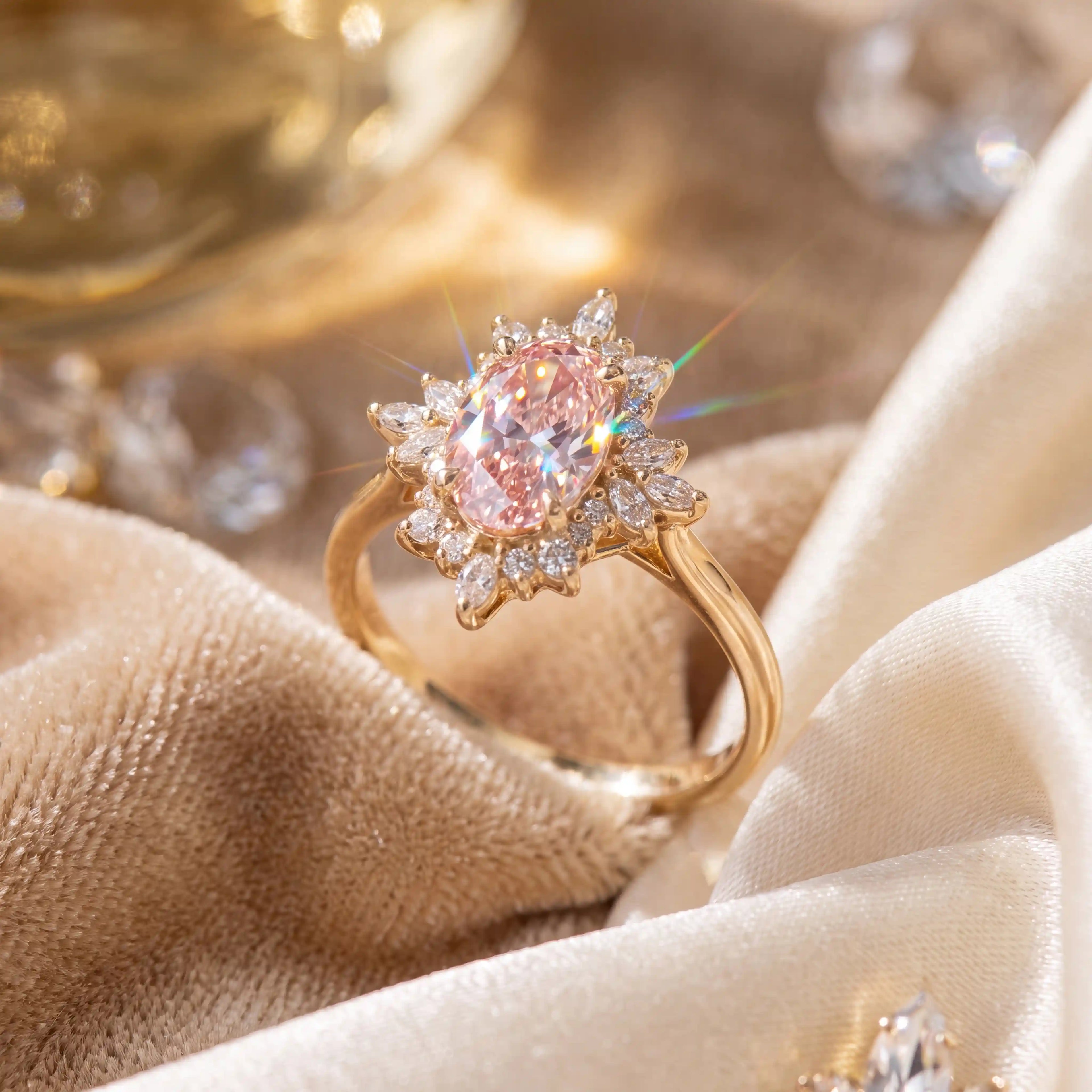 The Blush Aurora Pink Oval Moissanite Ring — A Luminous Blush Center, Flattering Oval Shape & Vintage Starburst Halo Made to Celebrate the Woman You’ve Become | Gold or Silver | Last Day Sale-90% OFF🔥