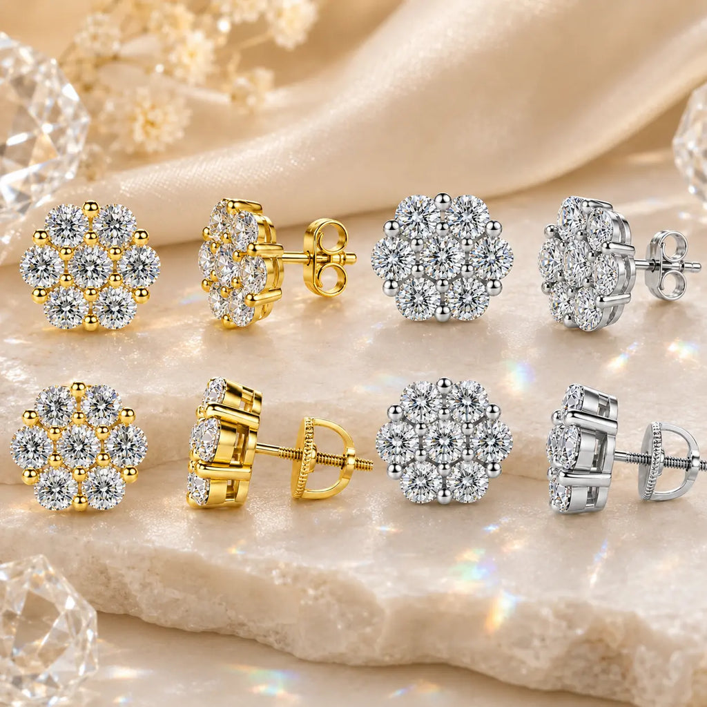 The Floral Stud Earrings That Make Every Look Shine — 7-Stone Moissanite Brilliance with Gold & Silver Finishes and Butterfly or Secure Screw Back Options | Gold or Silver | Last Day Sale-90% OFF🔥