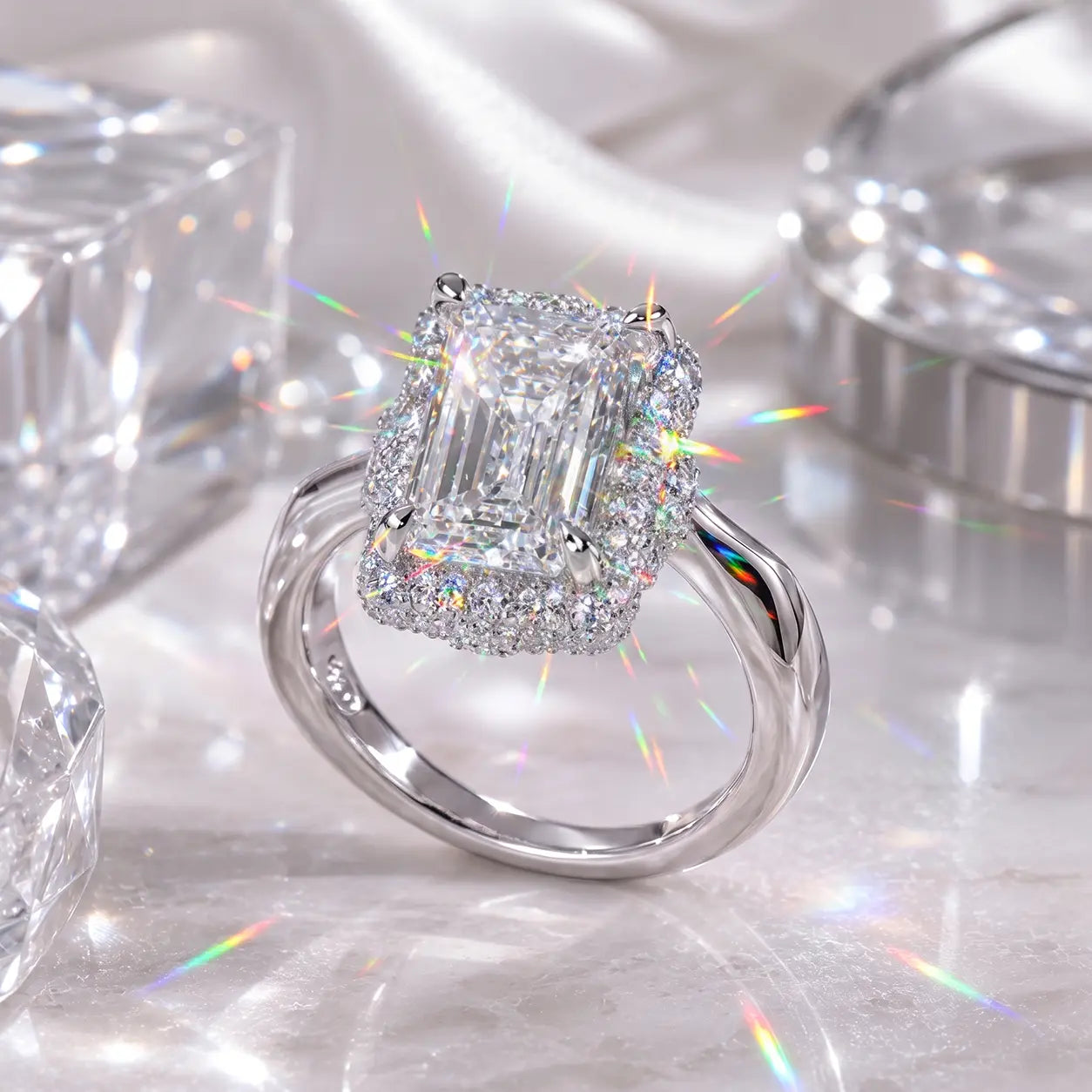 The Crystal-Clear Elongated Step-Cut Moissanite Halo Ring — Visually Lengthens Your Fingers, Frames the Center With Brilliant Micro-Pavé Sparkle & Delivers a Custom-Luxury Look Without the Fine-Jewelry Worry | Gold or Silver | Last Day Sale-90% OFF🔥