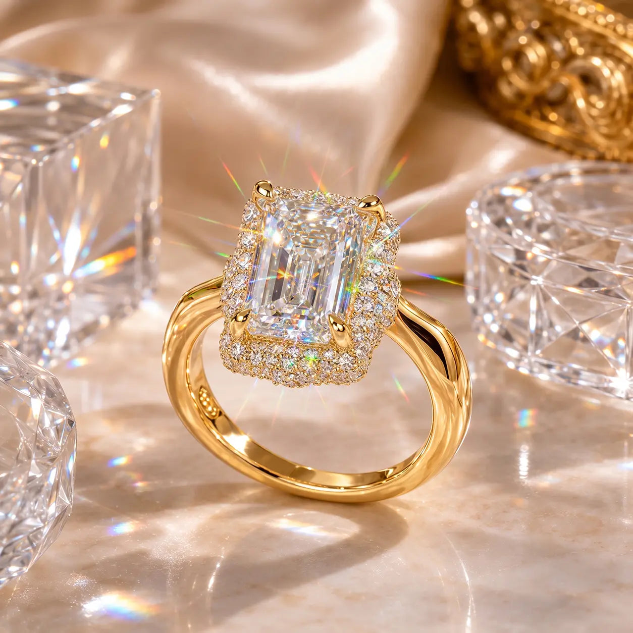 The Crystal-Clear Elongated Step-Cut Moissanite Halo Ring — Visually Lengthens Your Fingers, Frames the Center With Brilliant Micro-Pavé Sparkle & Delivers a Custom-Luxury Look Without the Fine-Jewelry Worry | Gold or Silver | Last Day Sale-90% OFF🔥