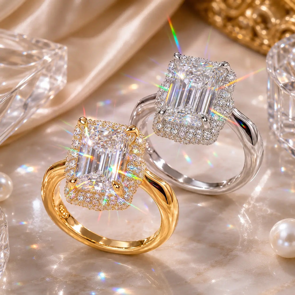 The Crystal-Clear Elongated Step-Cut Moissanite Halo Ring — Visually Lengthens Your Fingers, Frames the Center With Brilliant Micro-Pavé Sparkle & Delivers a Custom-Luxury Look Without the Fine-Jewelry Worry | Gold or Silver | Last Day Sale-90% OFF🔥