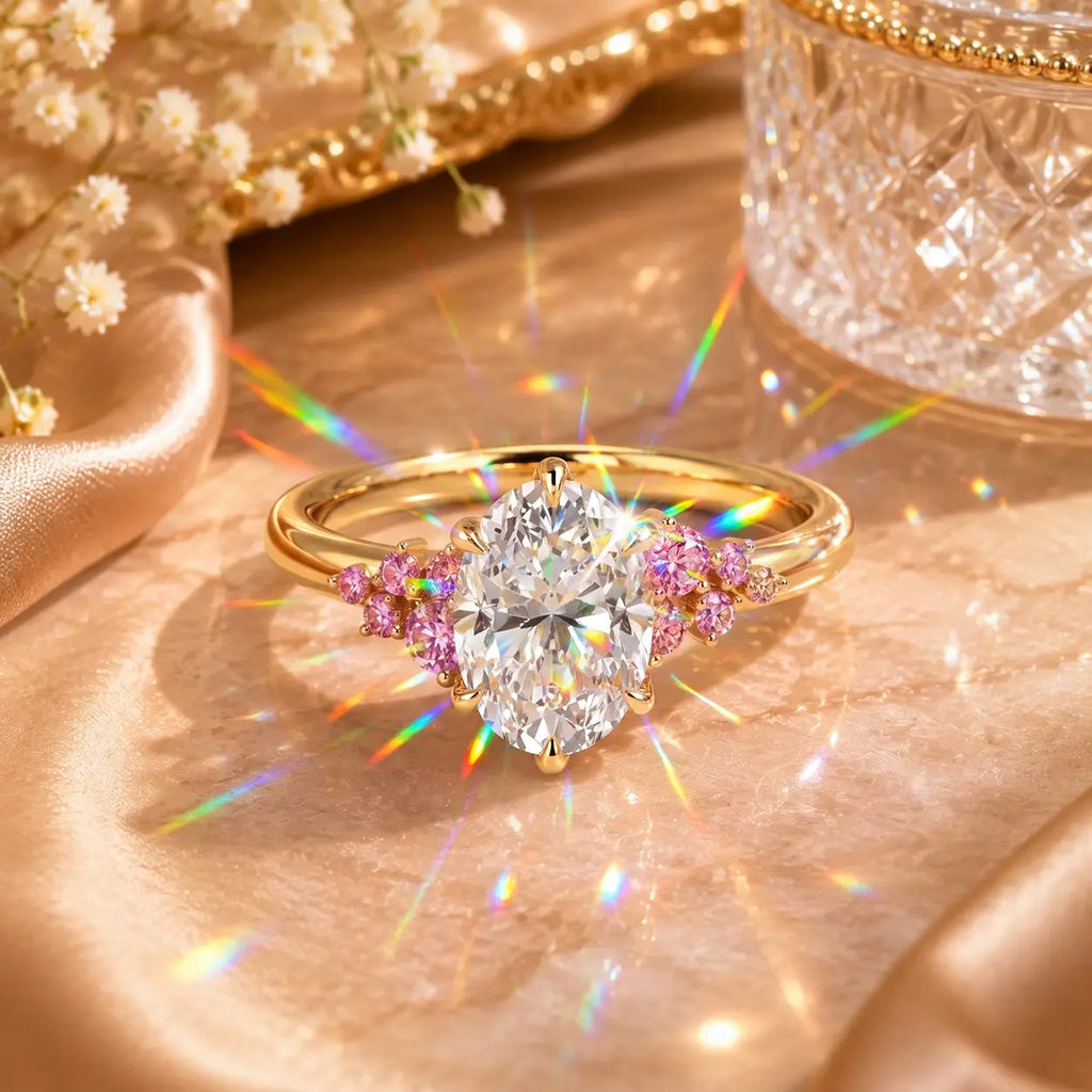 The Blush Bloom™ Oval Moissanite Ring — A Brilliant Oval Center Framed by Delicate Baby’s-Breath Sapphire Clusters in Gold or Silver | Last Day Sale-90% OFF🔥