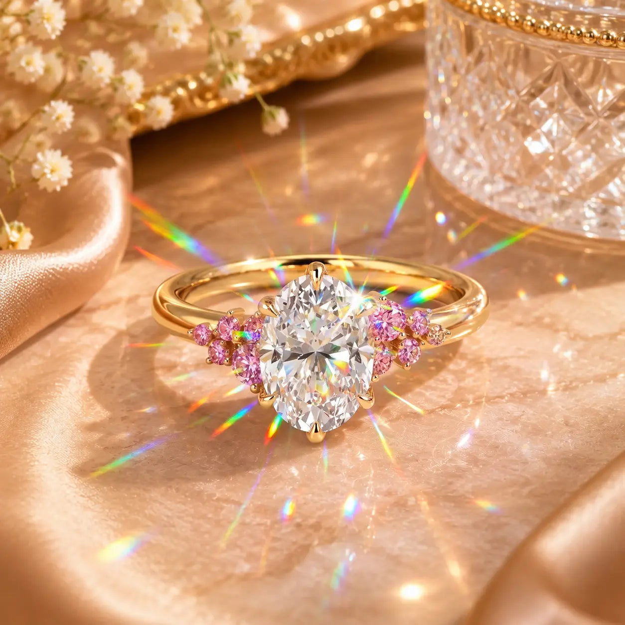 The Blush Bloom™ Oval Moissanite Ring — A Brilliant Oval Center Framed by Delicate Baby’s-Breath Sapphire Clusters in Gold or Silver | Last Day Sale-90% OFF🔥