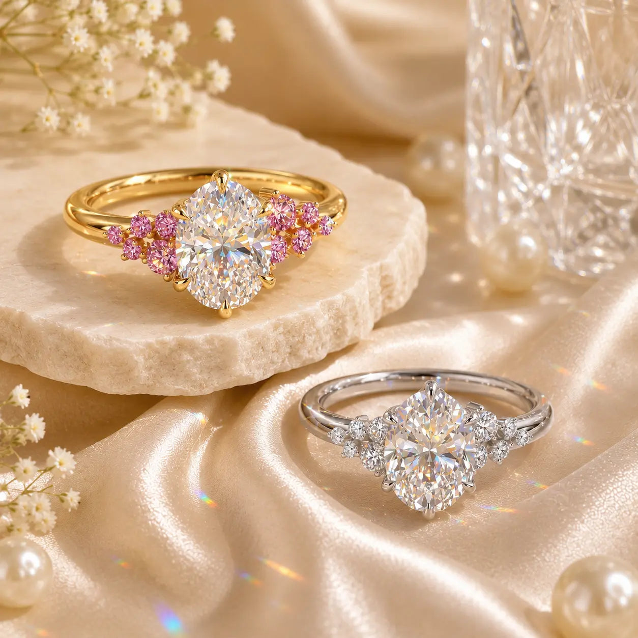 The Blush Bloom™ Oval Moissanite Ring — A Brilliant Oval Center Framed by Delicate Baby’s-Breath Sapphire Clusters in Gold or Silver | Last Day Sale-90% OFF🔥