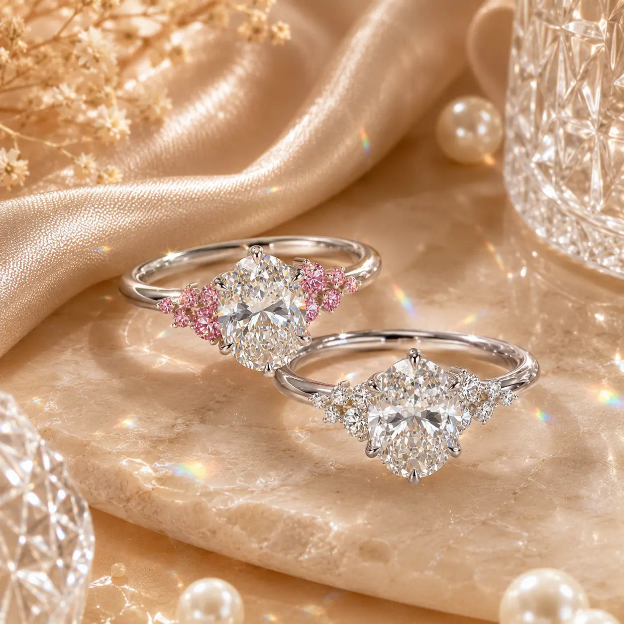 The Blush Bloom™ Oval Moissanite Ring — A Brilliant Oval Center Framed by Delicate Baby’s-Breath Sapphire Clusters in Gold or Silver | Last Day Sale-90% OFF🔥