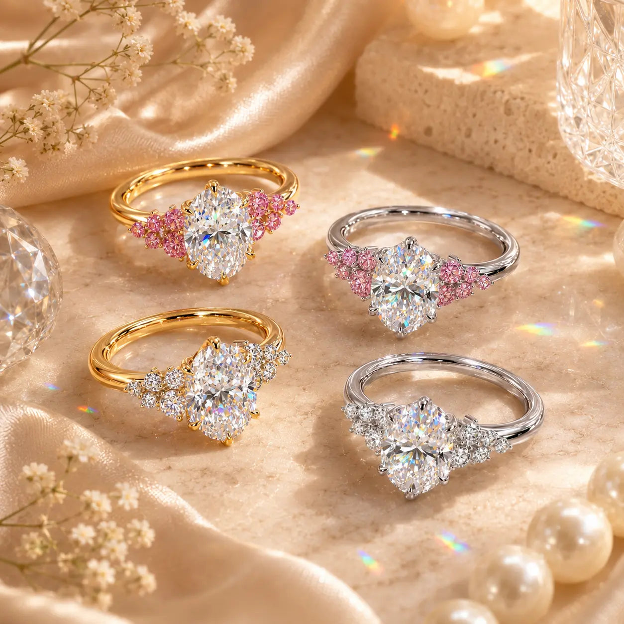 The Blush Bloom™ Oval Moissanite Ring — A Brilliant Oval Center Framed by Delicate Baby’s-Breath Sapphire Clusters in Gold or Silver | Last Day Sale-90% OFF🔥