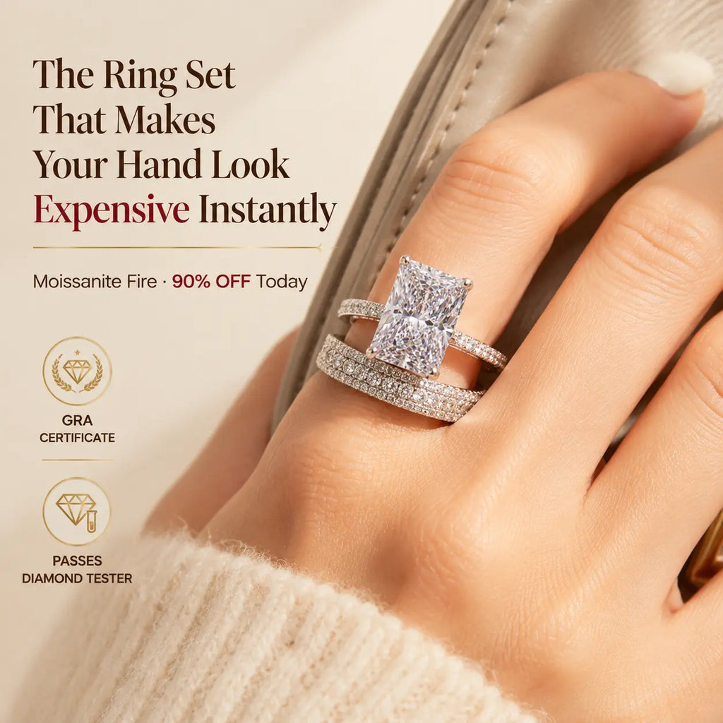 6CT Radiant Moissanite Ring Set – Large-Carat 2-Piece Stackable Ring With Matching 3-Row Band, Silver & 14K Gold Options | Last Day 90% OFF 🔥