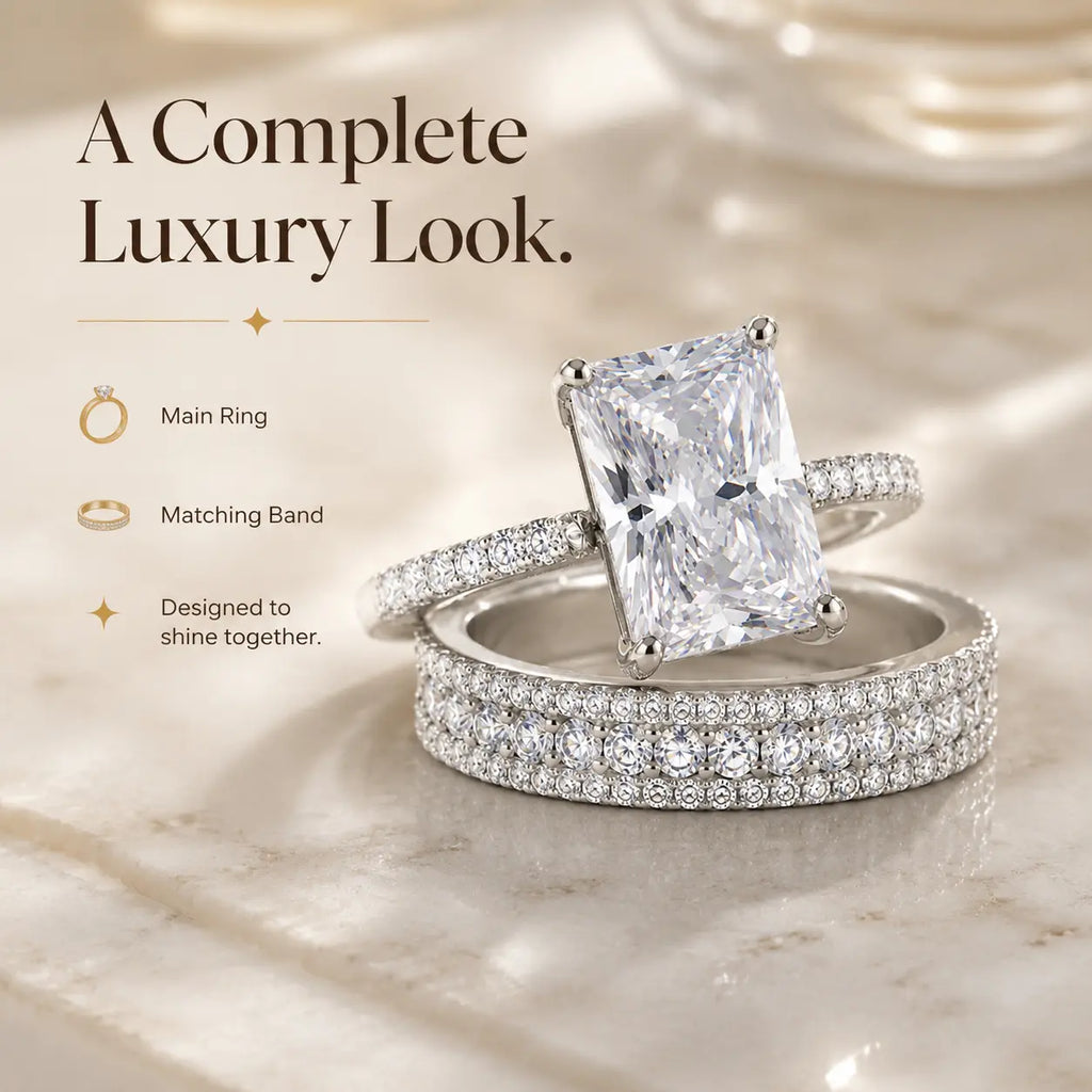 6CT Radiant Moissanite Ring Set – Large-Carat 2-Piece Stackable Ring With Matching 3-Row Band, Silver & 14K Gold Options | Last Day 90% OFF 🔥