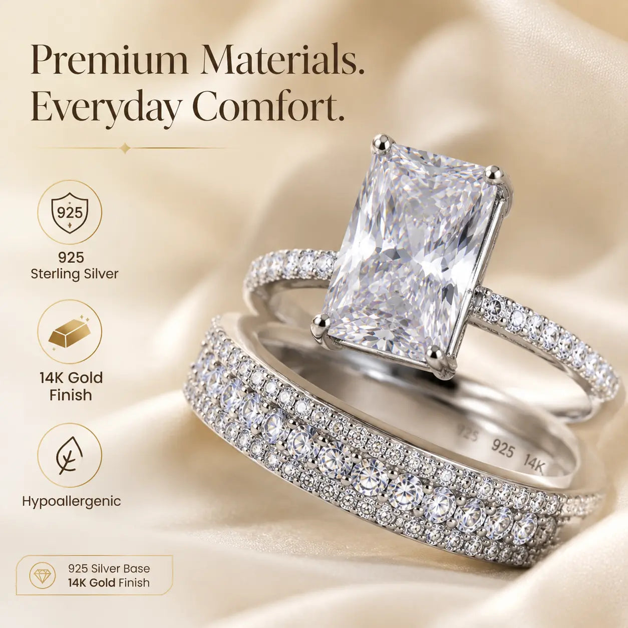 6CT Radiant Moissanite Ring Set – Large-Carat 2-Piece Stackable Ring With Matching 3-Row Band, Silver & 14K Gold Options | Last Day 90% OFF 🔥