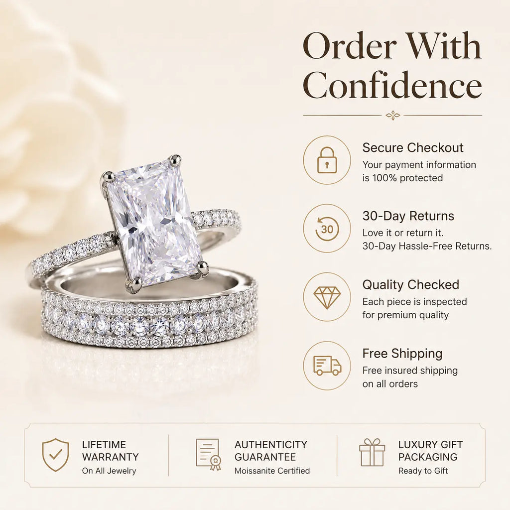 6CT Radiant Moissanite Ring Set – Large-Carat 2-Piece Stackable Ring With Matching 3-Row Band, Silver & 14K Gold Options | Last Day 90% OFF 🔥